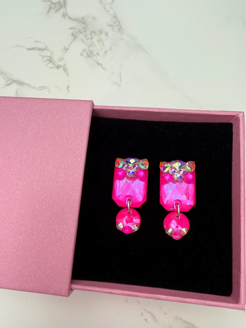 ELLE - Neon pink ballroom and latin dance dangly rhinestone earrings