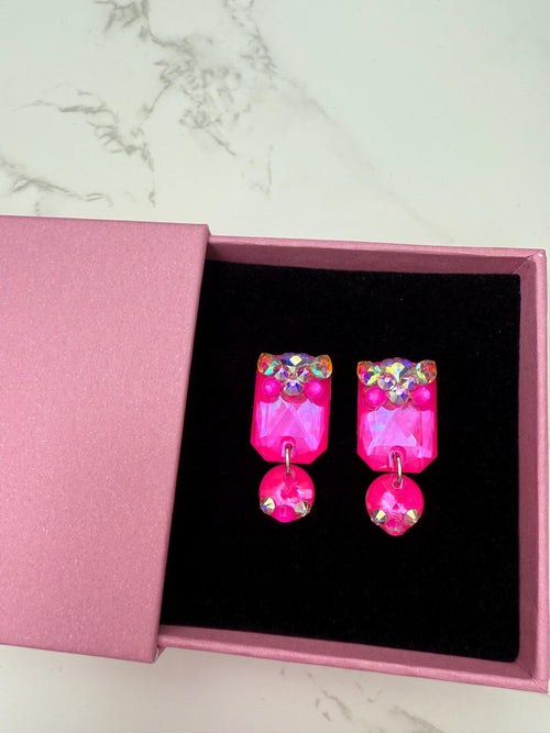 ELLE - Neon pink ballroom and latin dance dangly rhinestone earrings