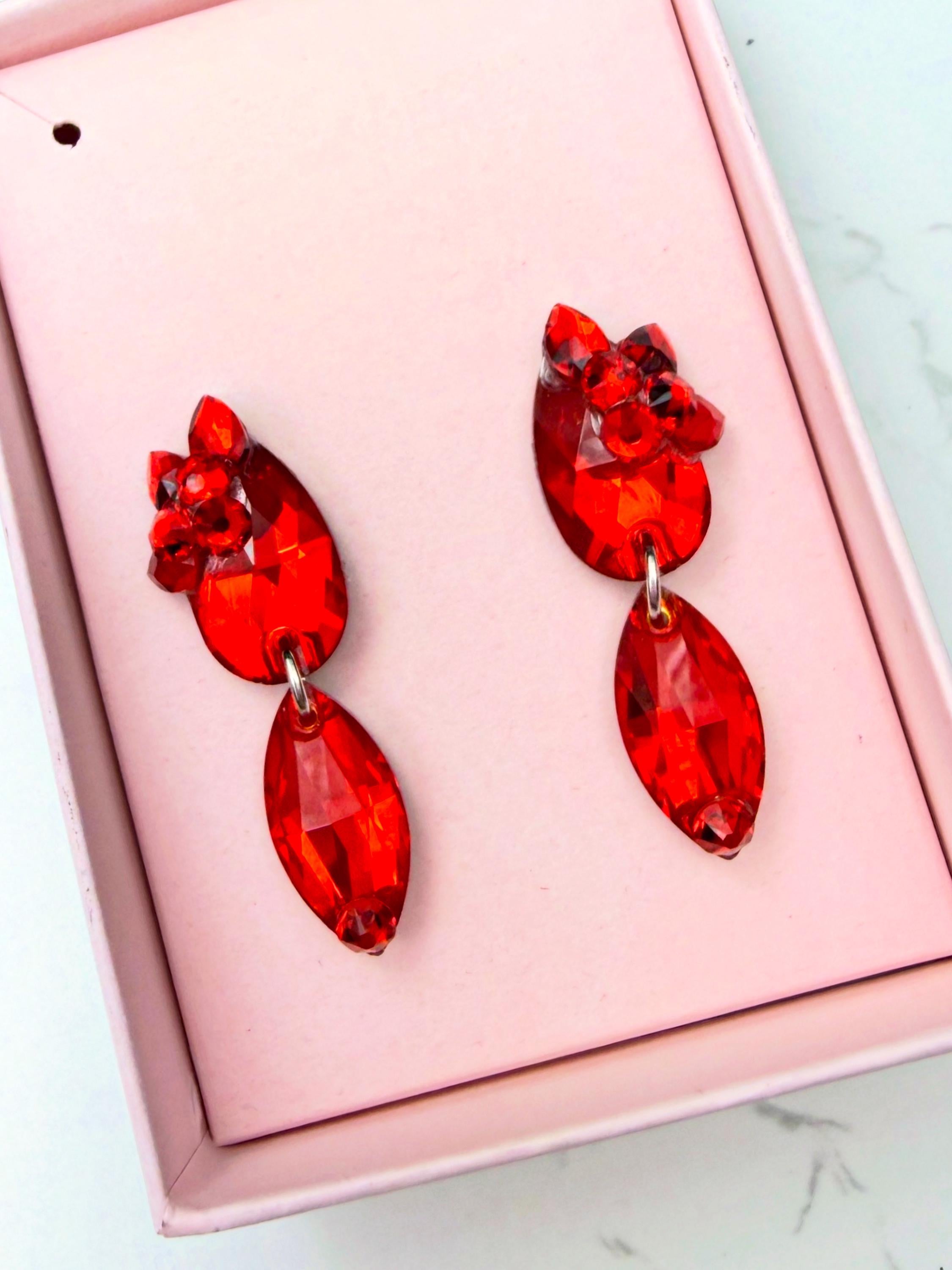 FLORA - Red / light siam ballroom and latin dancesport dangly rhinestone earrings
