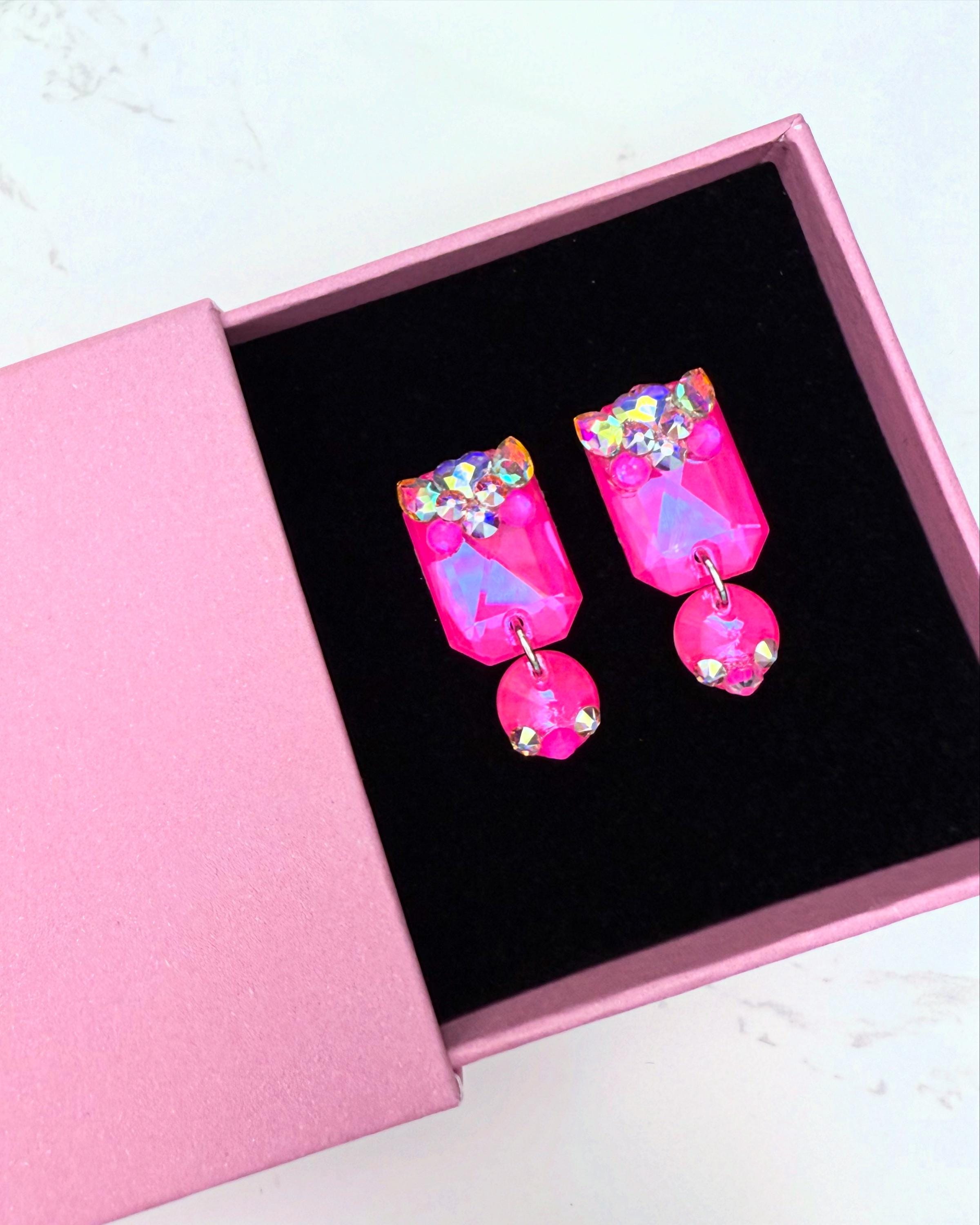 ELLE - Neon pink ballroom and latin dance dangly rhinestone earrings